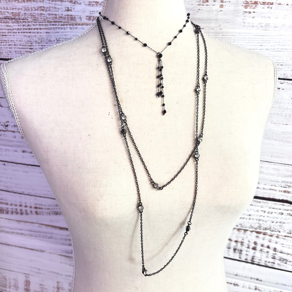 Vintage 1928 Jewelry Necklace Set Black Gunmetal Glass Rhinestone Gothic Edgy